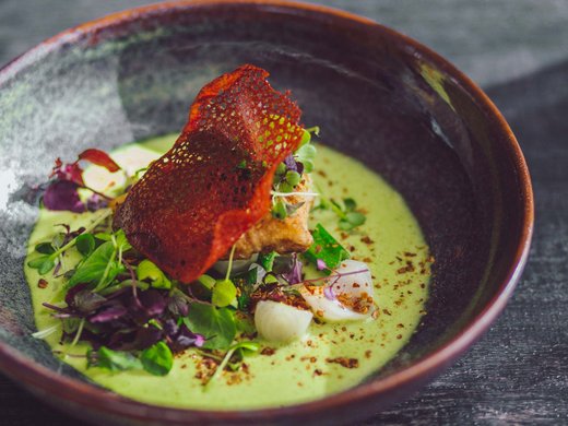 The perfect hotel for group travel in Tyrol Gourmet dish with green sauce, microgreens, and crispy garnish