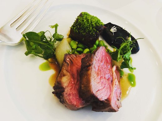 Your event in our hotel near the Brenner motorway Artistically plated steak with green sides on a white plate
