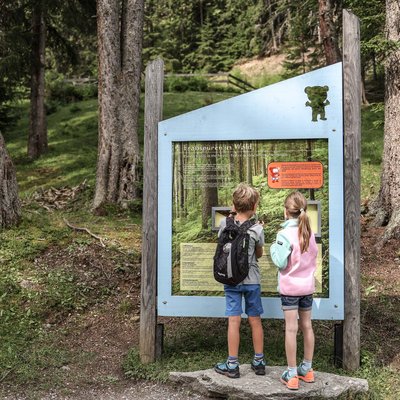 News (Liste) Zwei Kinder lesen Informationstafeln im Wald auf einem Wanderweg