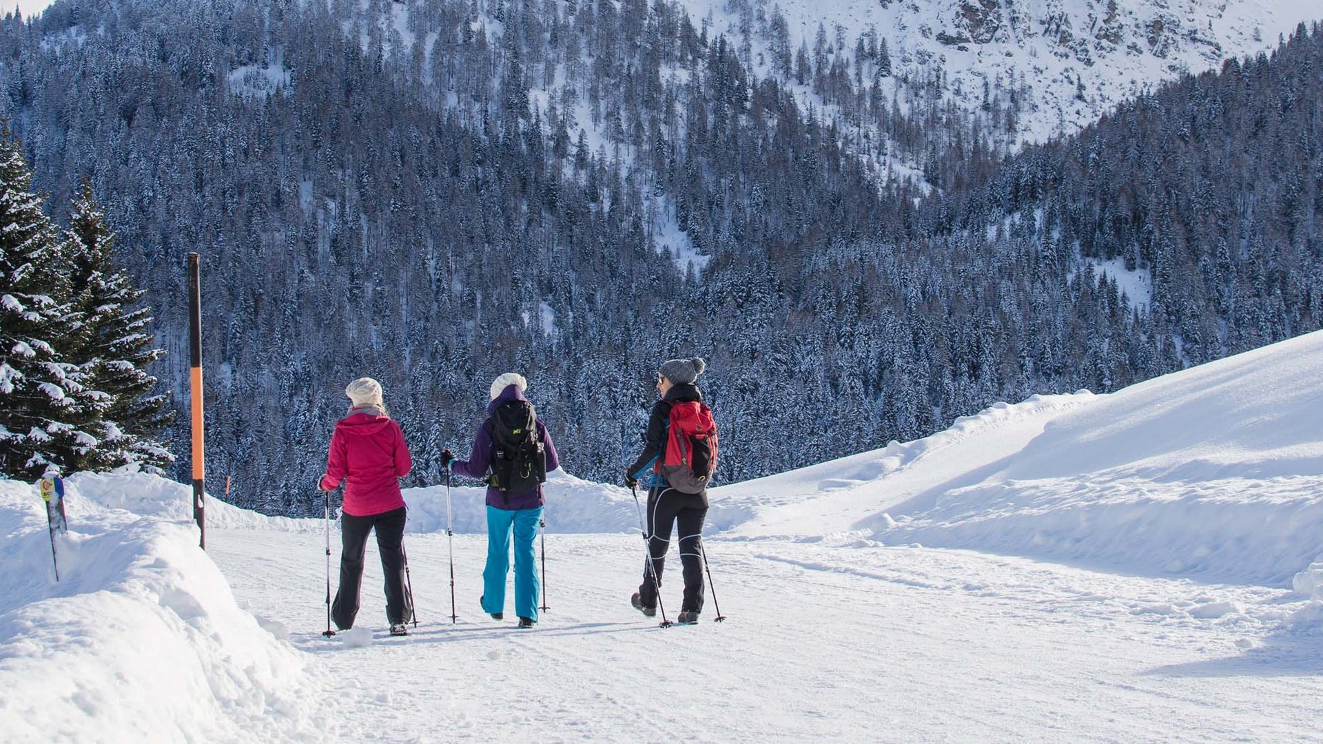 Settimana bianca nel comprensorio dello Stubai e altro Tre persone che camminano nella neve con montagne sullo sfondo