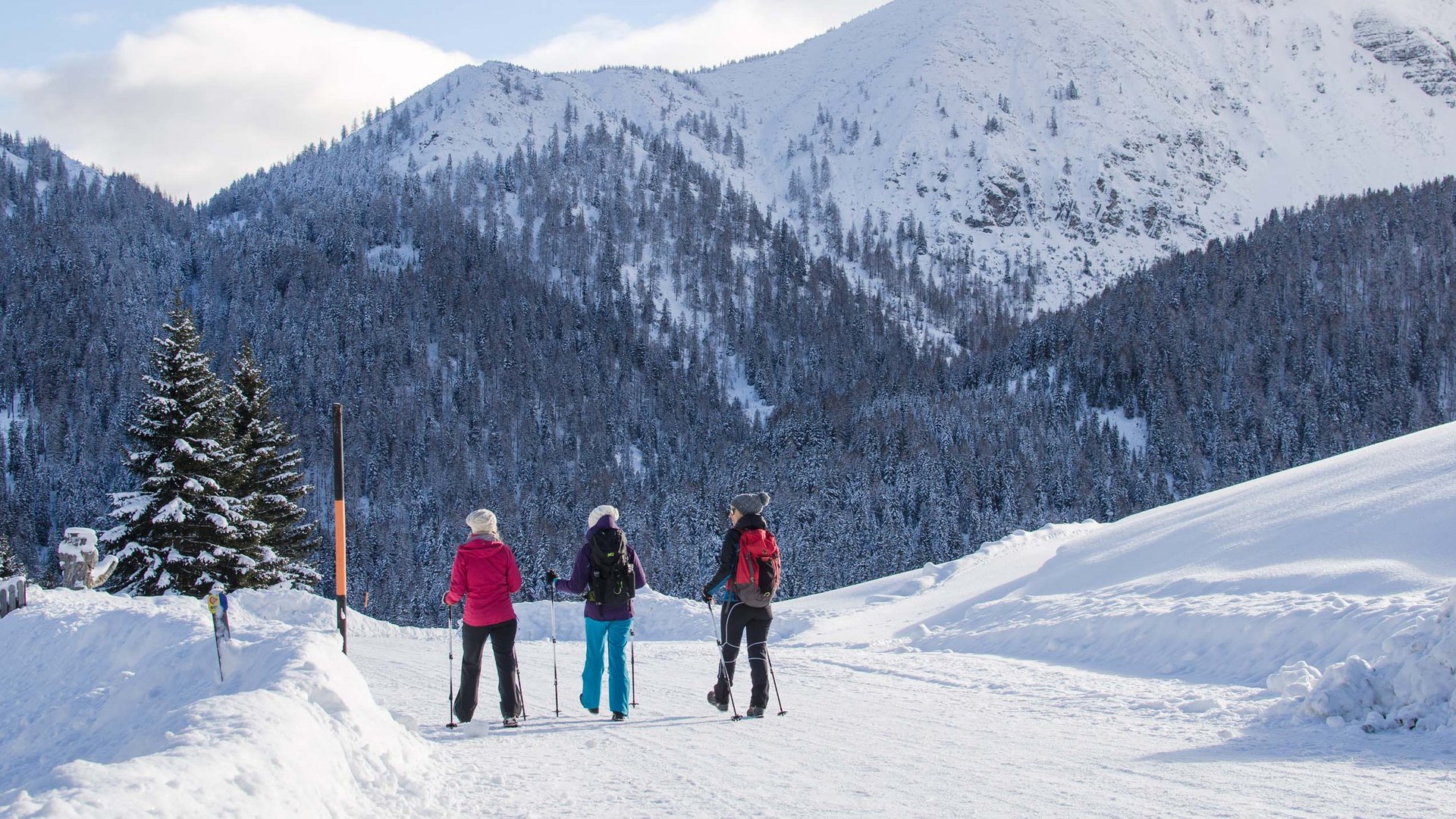 Tre persone che camminano nella neve con montagne sullo sfondo