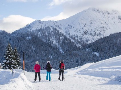 Settimana bianca nel comprensorio dello Stubai e altro Tre persone che camminano nella neve con montagne sullo sfondo