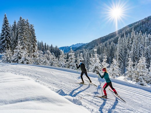Welches Skigebiet bei Matrei am Brenner magst du am liebsten? Zwei Menschen beim Langlaufen im sonnigen verschneiten Wald