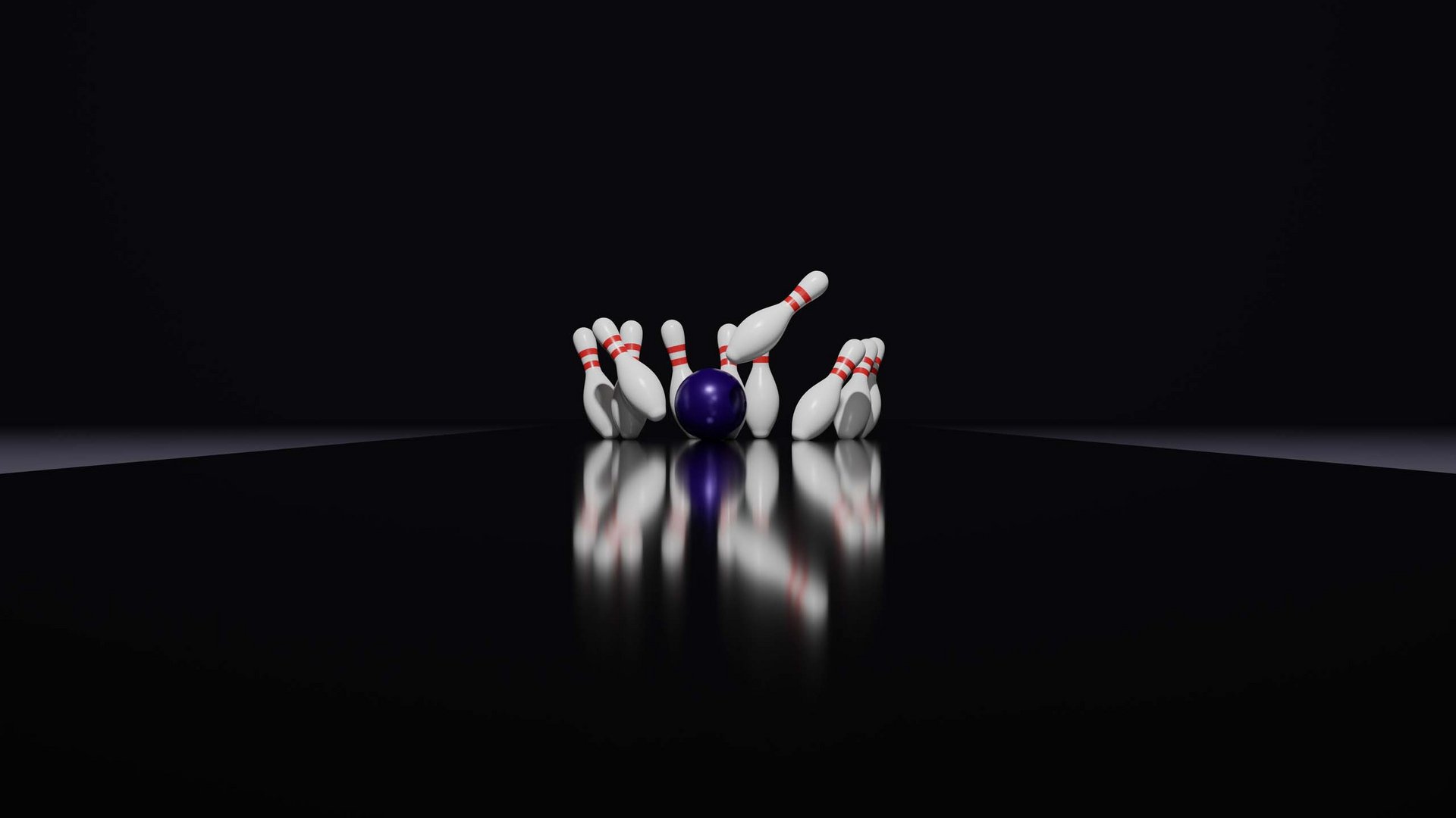 Birilli da bowling abbattuti da una palla blu su fondo scuro
