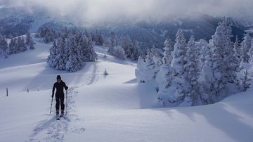 News (Liste) Skifahrer wandert durch verschneite Berglandschaft unter bewölktem Himmel